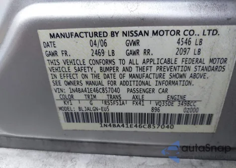 2006 Nissan Maxima 3.5 Sl z USA, uszkodzony, nr VIN 1N4BA41E46C857040